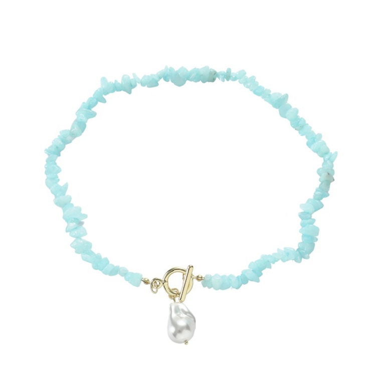 Boho Colorful Broken Natural Stone Necklace, Model: N2206-9 Light Blue Stone