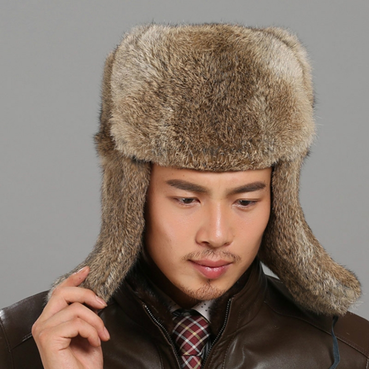 Brown Autumn and Winter Thick Warm Rabbit Fur Bomber Hat Flight Hat for Men, Hat Size:L
