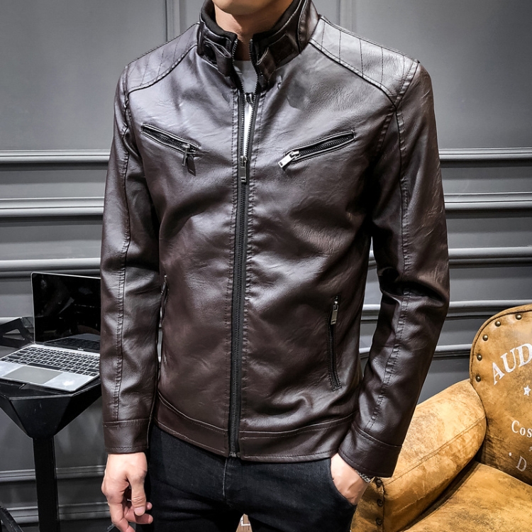 BS Autumn And Winter Man Leather Jacket Motorcycle Coat, Size:L(Regular Coffee)