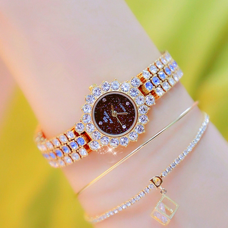BS Bee Sister FA1580 Sparkling Full Diamond Watch Temperament Women Chain Watch(Golden Blue)