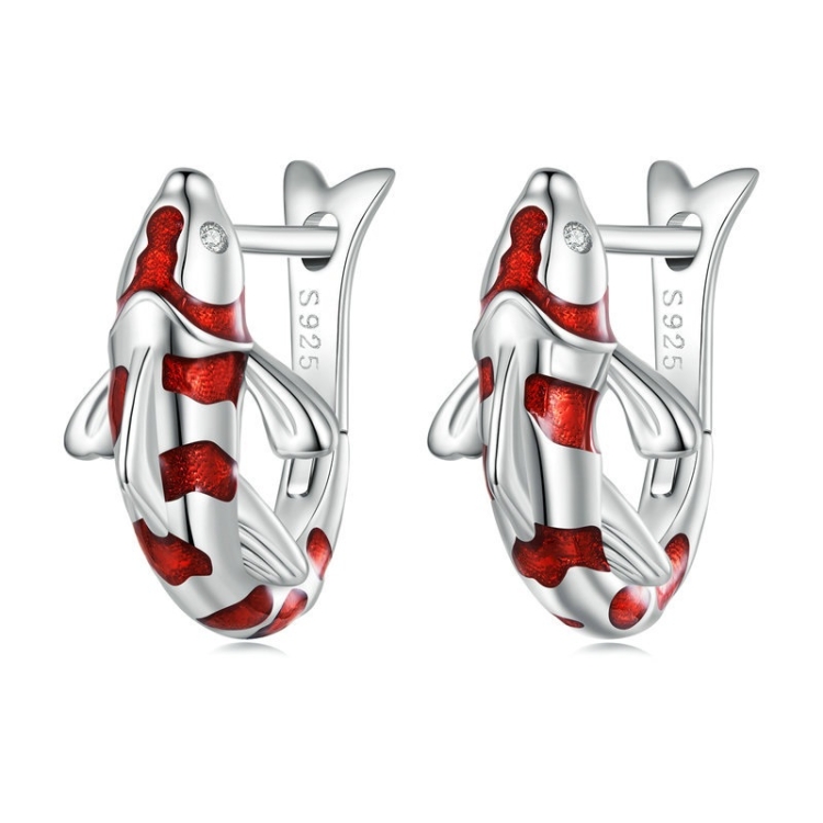 BSE742 Sterling Silver S925 Zirconia White Gold Plated Good Luck Koi Earrings