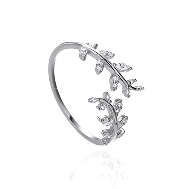 BSR241-A Willow Leaf Opening Sterling Silver Simple Zirconia Tree Branch Ring Bracelet