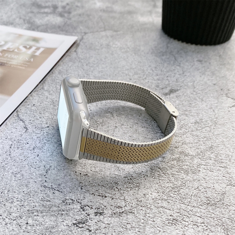 Buckle Style Steel Watch Band For Apple Watch Ultra 49mm&Watch Ultra 2 49mm / Series 9&8&7 45mm / SE 3&SE 2&6&SE&5&4 44mm / 3&2&1 42mm(Silver Gold)