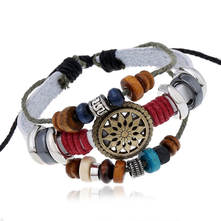 BX016 Retro Personality Leather Beaded Bracelet(White Leather+Bronze Accessories)