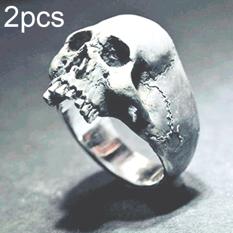 C56213 2pcs Punk Vintage Skull Ring Horror Skull Ring Men Gift, Size: 12(Silver)