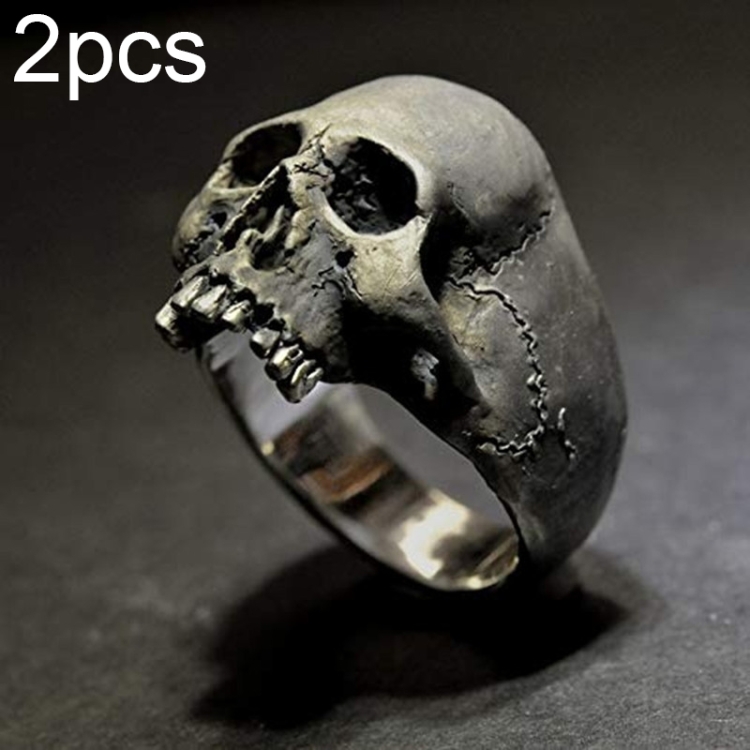 C56213 2pcs Punk Vintage Skull Ring Horror Skull Ring Men Gift, Size: 12(Tin-color)