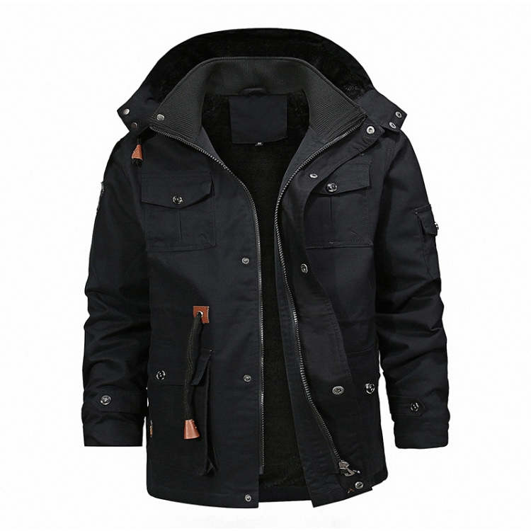 Casual Belt Zipper Thickened Side Seam Pocket Windbreaker, Size: L(Black)