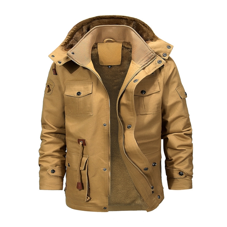 Casual Belt Zipper Thickened Side Seam Pocket Windbreaker, Size: XXXXL(Khaki)