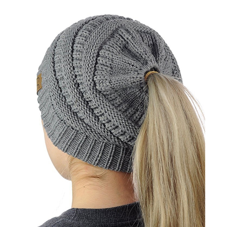 CC Letter Ponytail Cap Knitting Hat for Ladies(Grey)