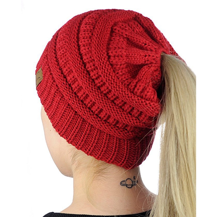 CC Letter Ponytail Cap Knitting Hat for Ladies(Red)
