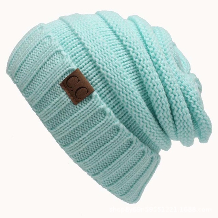 CC Letter Solid Color Wool Hats Concise Knitting Hat(Baby Blue)