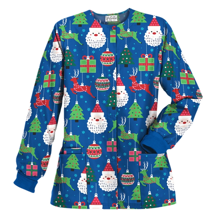 Christmas Long-sleeved Stand-up Collar Single-breasted Printed Protective Work Clothes (Color:Blue Snowman Size:S)