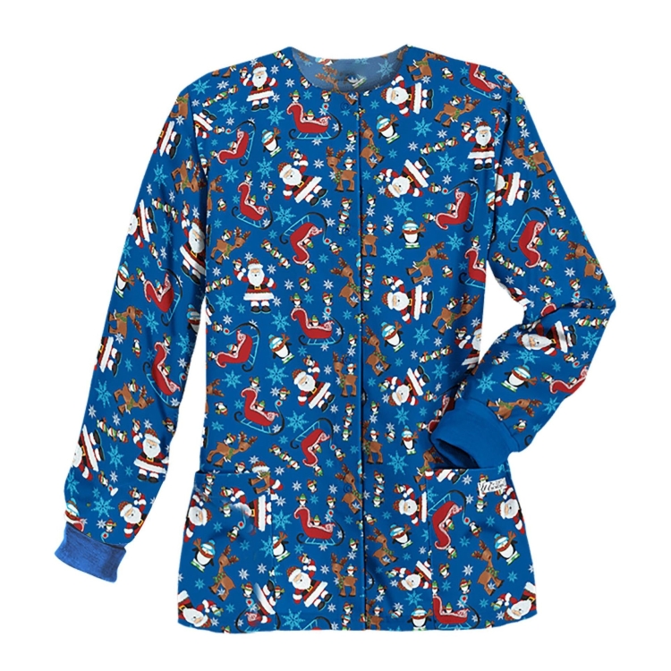 Christmas Long-sleeved Stand-up Collar Single-breasted Printed Protective Work Clothes (Color:Dark Blue Size:M)