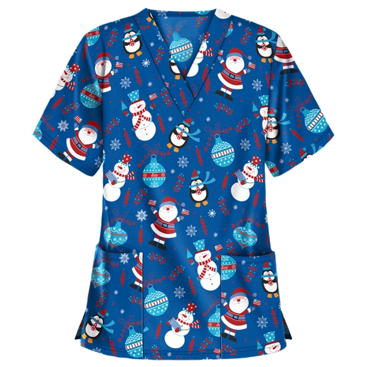 Christmas Print Short-sleeved Pocket T-shirt Nurse Uniform (Color:1 Size:M)