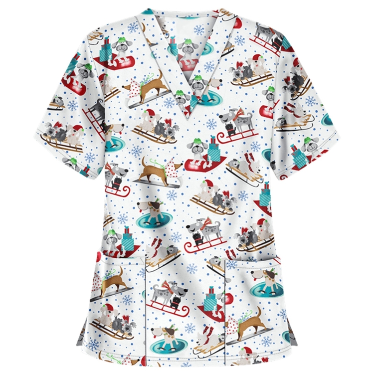 Christmas Print Short-sleeved Pocket T-shirt Nurse Uniform (Color:2 Size:XL)
