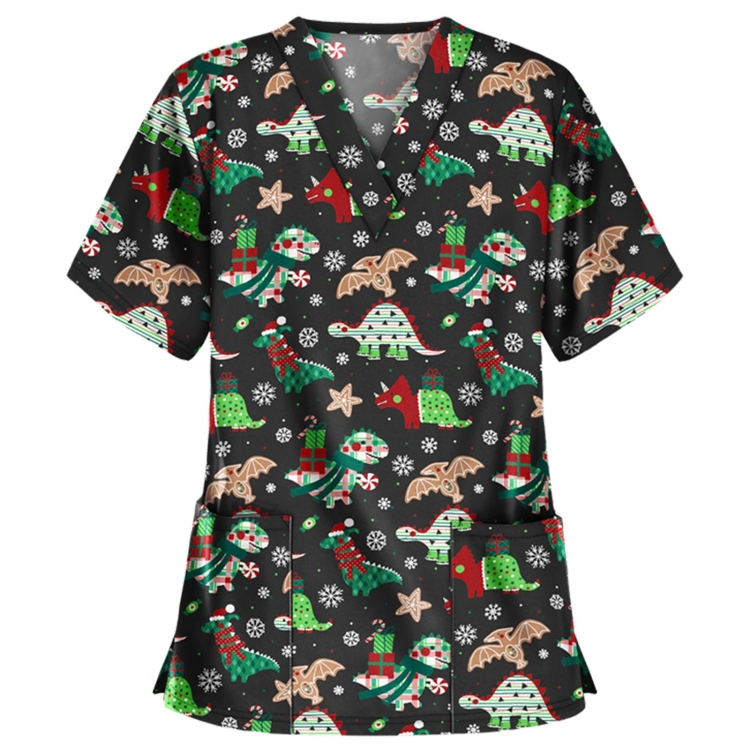 Christmas Print Short-sleeved Pocket T-shirt Nurse Uniform (Color:3 Size:XL)