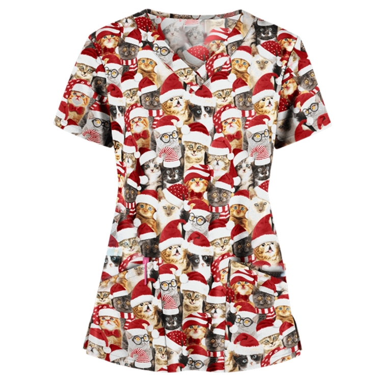 Christmas Print Short-sleeved Pocket T-shirt Nurse Uniform (Color:4 Size:XL)