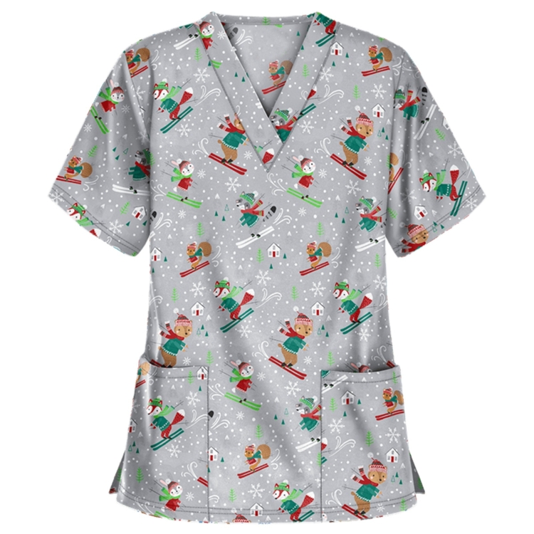 Christmas Print Short-sleeved Pocket T-shirt Nurse Uniform (Color:5 Size:XL)