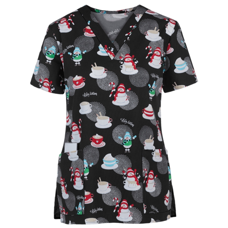 Christmas Print Short-sleeved Pocket T-shirt Nurse Uniform (Color:6 Size:XXXL)