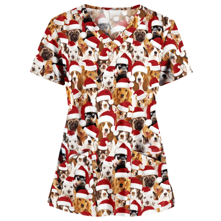 Christmas Print Short-sleeved Pocket T-shirt Nurse Uniform (Color:7 Size:L)