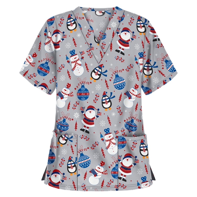 Christmas Print Short-sleeved Pocket T-shirt Nurse Uniform (Color:8 Size:XL)
