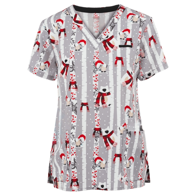 Christmas Print Short-sleeved Pocket T-shirt Nurse Uniform (Color:9 Size:XL)