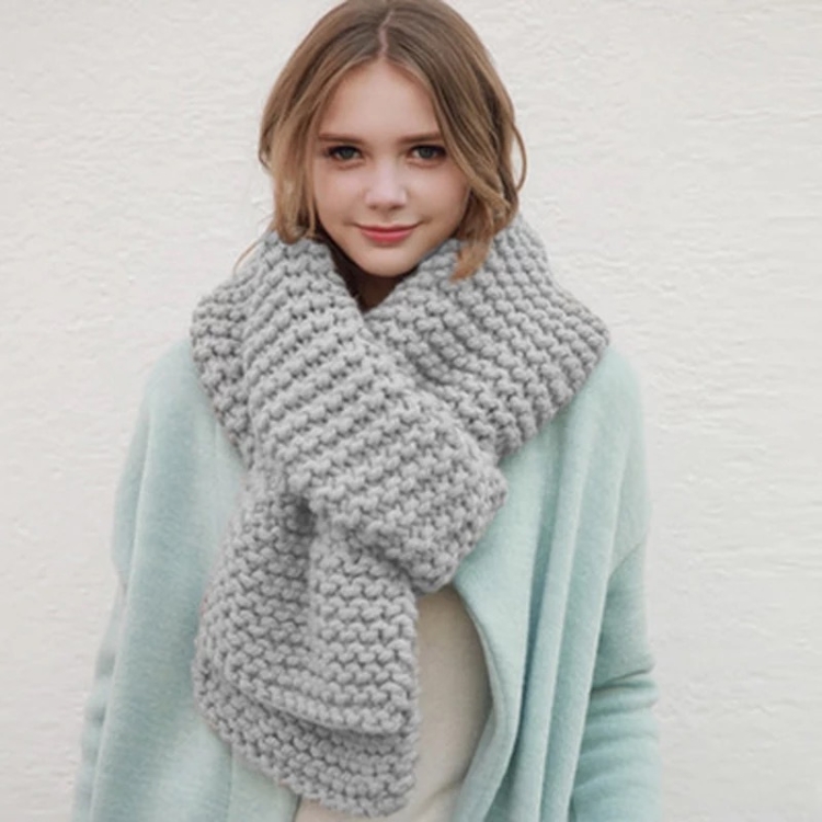 Coarse Wool Knitted Warm Scarf Women Winter Thick Solid Color Scarf, Length: 190cm(Light Grey)