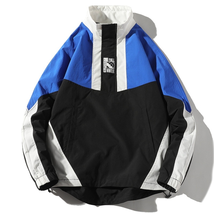 Color Matching Printed Stand Collar Pullover Casual Jacket for Men (Color:Blue Size:XXXXL)