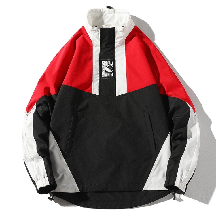 Color Matching Printed Stand Collar Pullover Casual Jacket for Men (Color:Red Size:XXL)