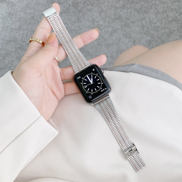 Color Matching Seven Beads Steel Watch Band For Apple Watch Series 9&8&7 41mm / SE 3&SE 2&6&SE&5&4 40mm / 3&2&1 38mm(Silver Rose Gold)