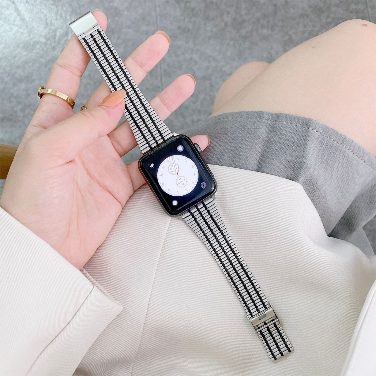 Color Matching Seven Beads Steel Watch Band For Apple Watch Ultra 49mm&Watch Ultra 2 49mm / Series 9&8&7 45mm / SE 3&SE 2&6&SE&5&4 44mm / 3&2&1 42mm(Silver Black)