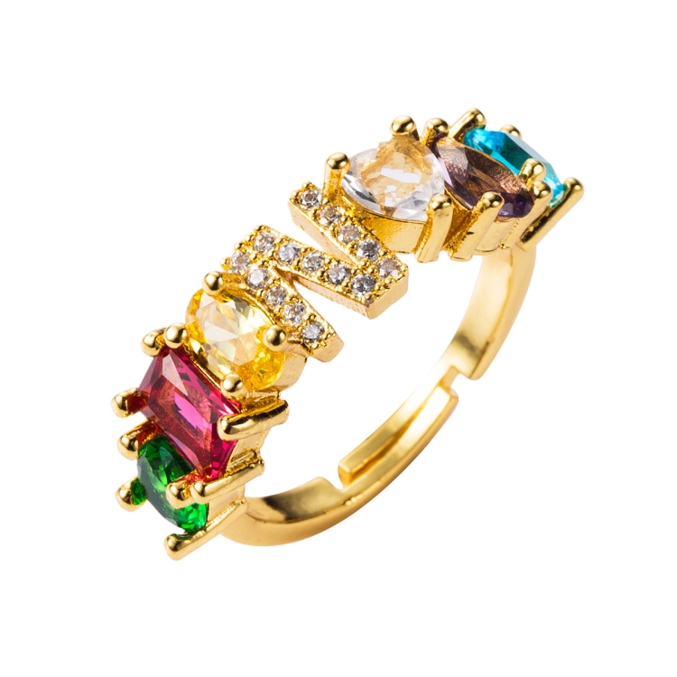 Copper 18K Micro Inlaid Zircon English Letter Ring Hip Hop Style Open Ring(N)