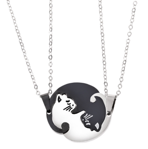 Couples Jewelry Necklaces Titanium Steel Animal Cat Pendants Necklace(White and Black Cat with Metal Chain)