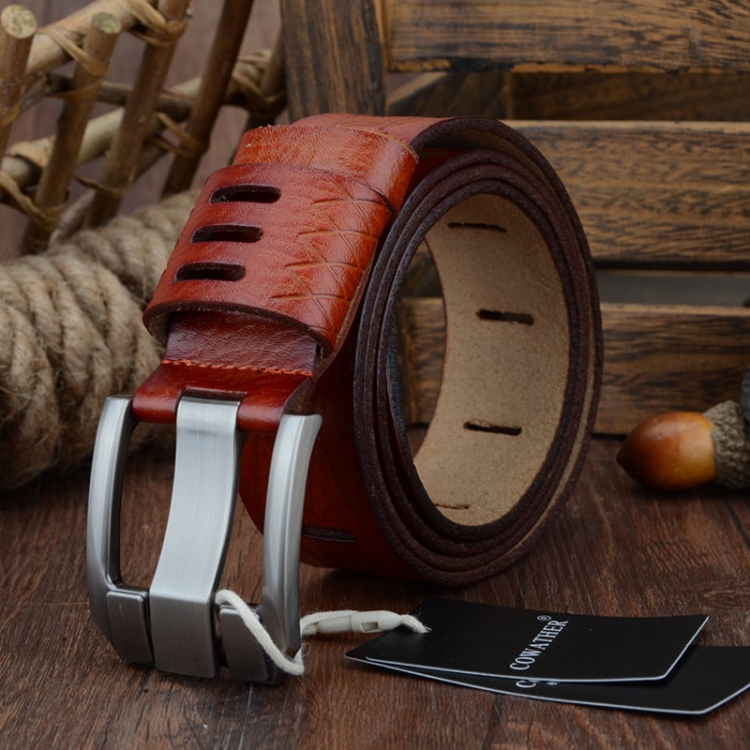 COWATHER QSK001 Men Casual Fashion Two-Layer Leather Pin Buckle Belt, Length: 115cm(Brown)