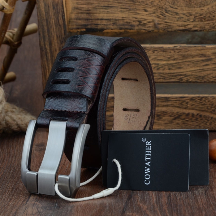 COWATHER QSK001 Men Casual Fashion Two-Layer Leather Pin Buckle Belt, Length: 115cm(Coffee Color)