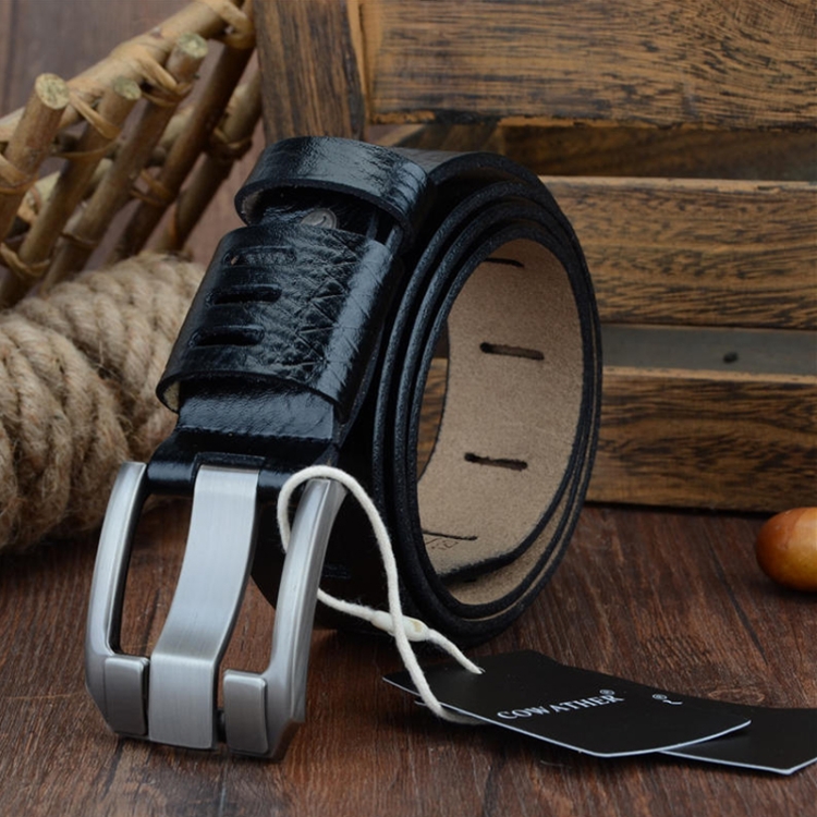 COWATHER QSK001 Men Casual Fashion Two-Layer Leather Pin Buckle Belt, Length: 120cm(Black)