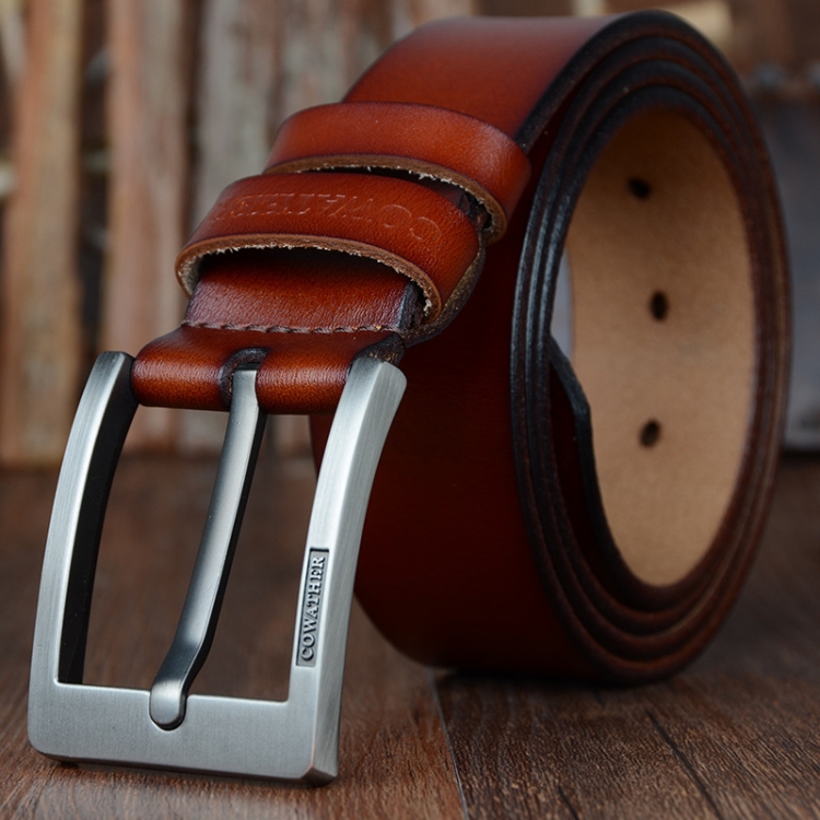 COWATHER XF004 Men Two-Layer Cowhide Business Casual Pin Buckle Belt, Length (cm): 115cm(Silver Buckle Brown)