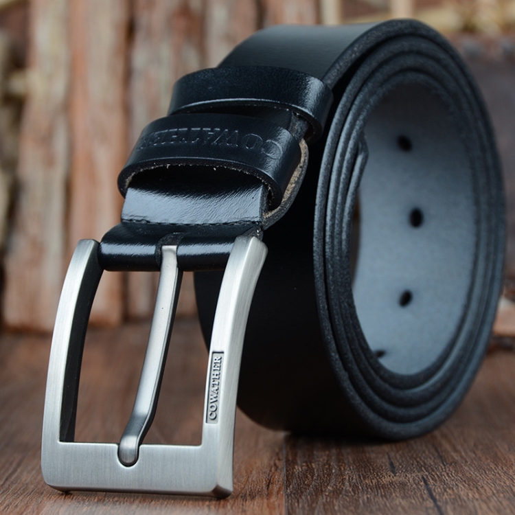 COWATHER XF004 Men Two-Layer Cowhide Business Casual Pin Buckle Belt, Length (cm): 125cm(Silver Buckle Black)