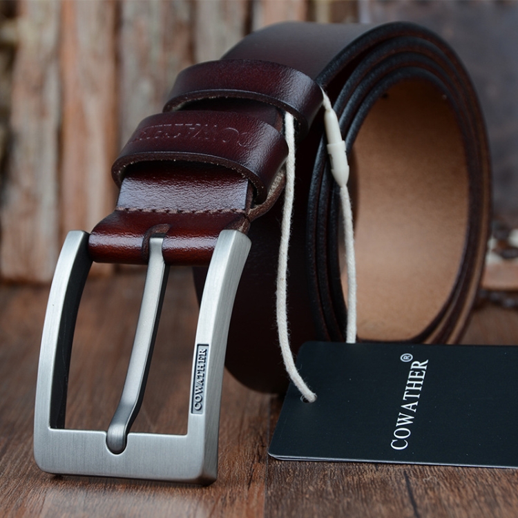 COWATHER XF004 Men Two-Layer Cowhide Business Casual Pin Buckle Belt,Length (cm): 130cm(Silver Buckle Coffee Color)