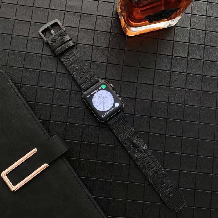 Crocodile and Ostrich Embossed Genuine Leather Watch Band Watch Band For Apple Watch Ultra 49mm&Watch Ultra 2 49mm / Series 9&8&7 45mm / SE 3&SE 2&6&SE&5&4 44mm / 3&2&1 42mm(Black)