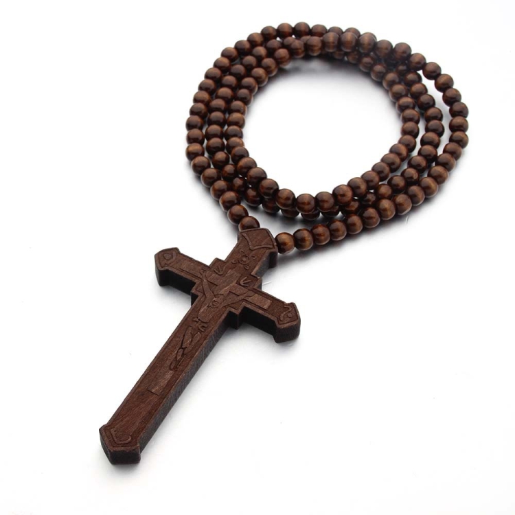 Cross Laser Engraved Wooden Bead Necklace, Color: Brown