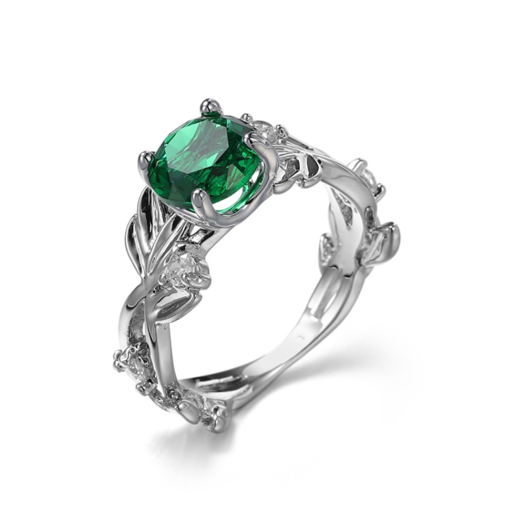 Crystal Vine Leaf Design Engagement Ring Fashion For Women Jewelry, Ring Size:8(Green)