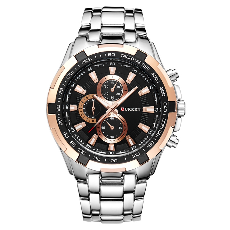CURREN 8023 Men Stainless Steel Analog Sport Quartz Watch(Silver case gold ring black face)