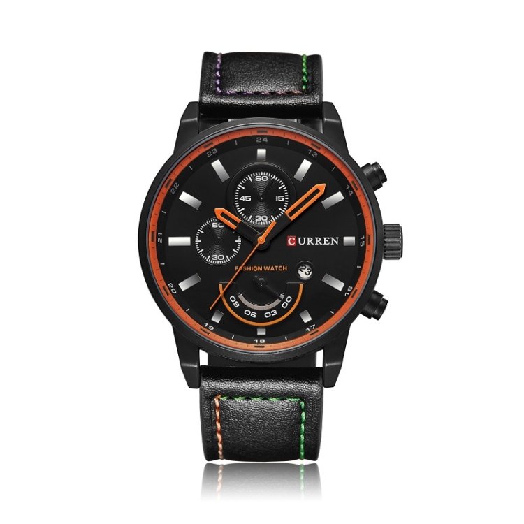Curren 8217 Leather Strap Casual Waterproof Quartz Men Watch with Calendar(Black Shell Black)