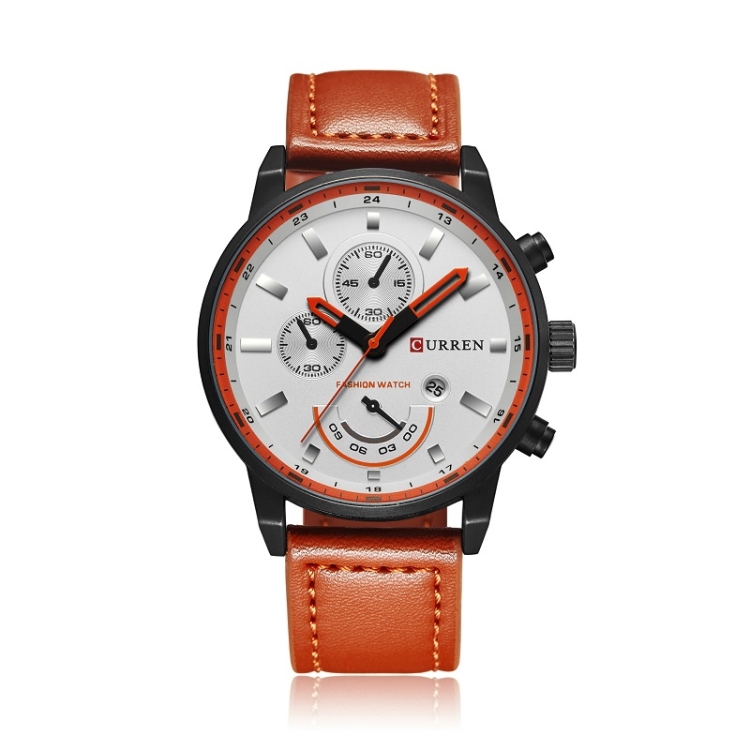 Curren 8217 Leather Strap Casual Waterproof Quartz Men Watch with Calendar(Black Shell White)