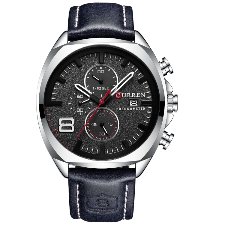 Curren 8324 Six-hand Leather Strap Waterproof Men Watch With Calendar, Color: White Shell Black