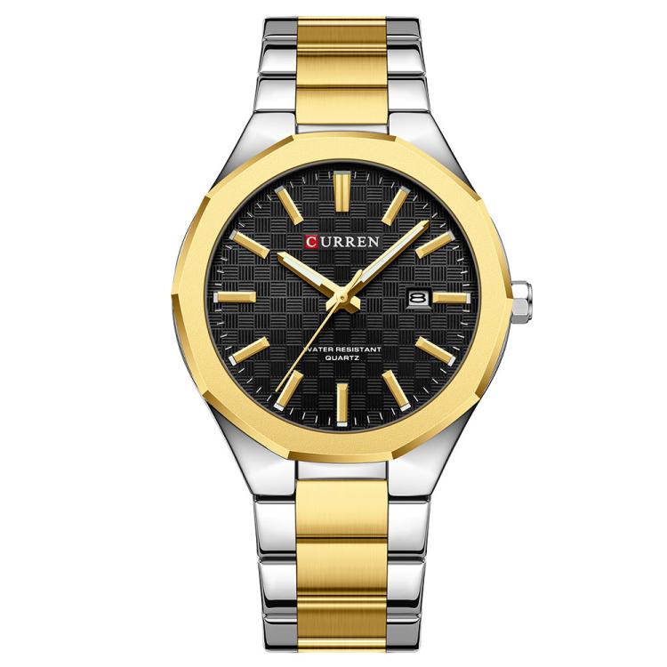 Curren Business Steel Band Calendar Men Quartz Watch(Gold Black)
