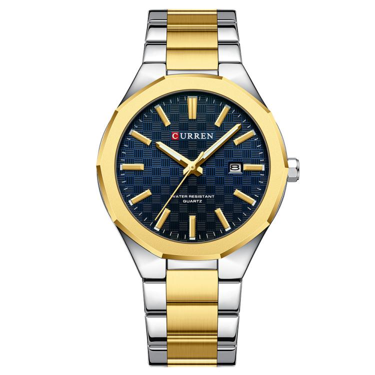 Curren Business Steel Band Calendar Men Quartz Watch(Gold Blue)