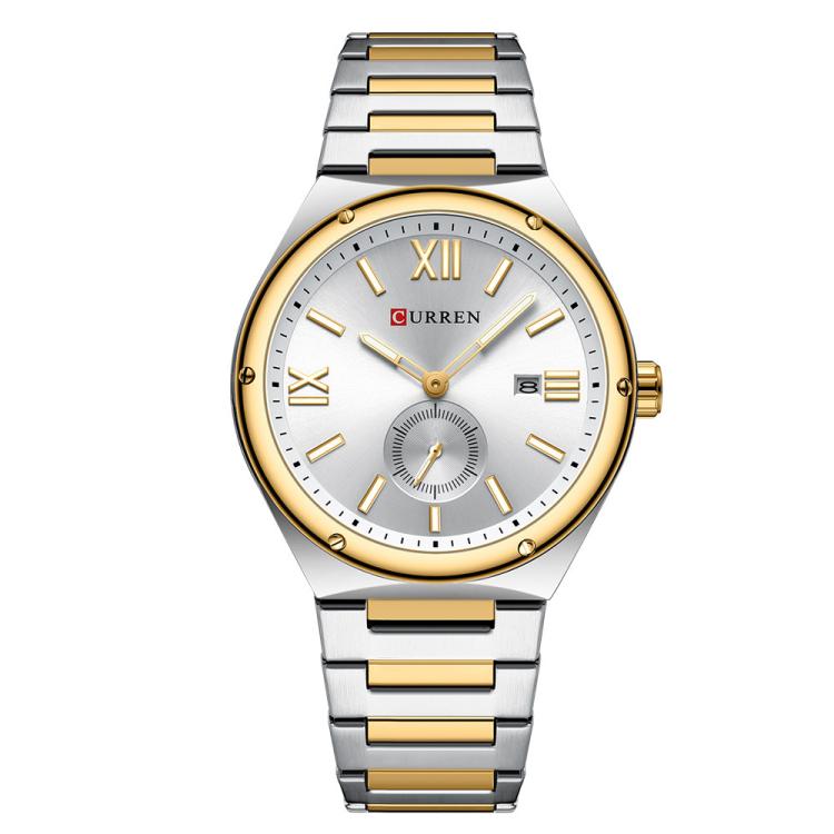 Curren Calendar Steel Strap Casual Men Quartz Watch, Color: Gold White