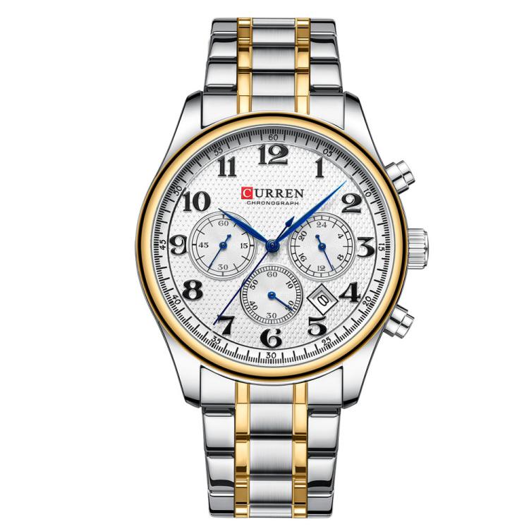 Curren Calendar Steel Strap Men Business Quartz Watch(Gold White)